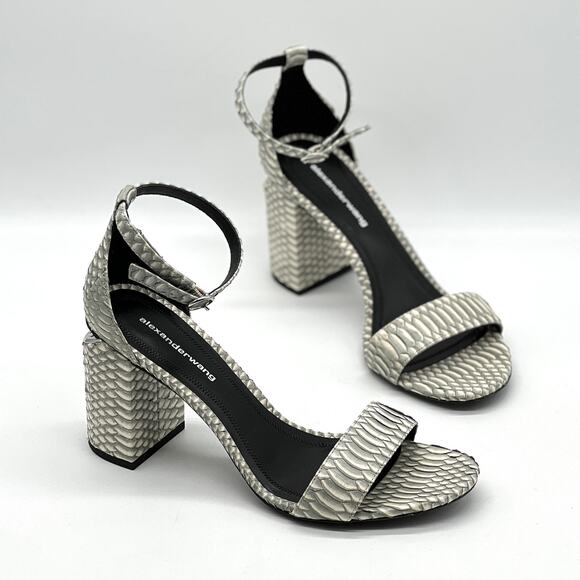 ALEXANDER WANG Abby Snakeskin Tilt Heel Sandal 37.5 Cream Gray Ankle Strap - Picture 1 of 12